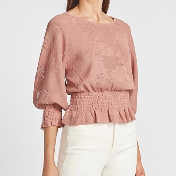 Express Lace Stitched Smocked Peplum Sweater Open Knit Rose Pink Romantic - Picture 2 of 9